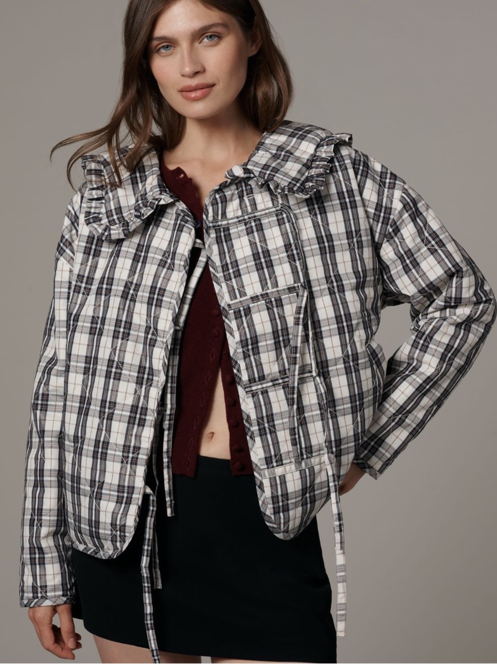Anthropologie Maeve Hazel Quilted Jacket with Ruffle Collar Black & White L NWT